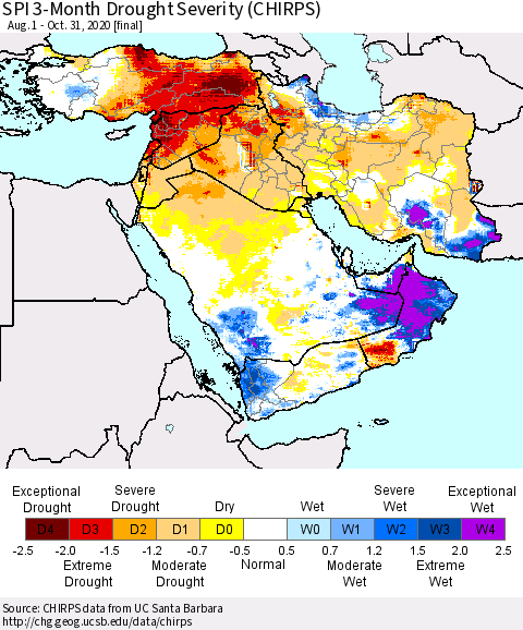 Middle East and Turkey SPI 3-Month Drought Severity (CHIRPS) Thematic Map For 8/1/2020 - 10/31/2020