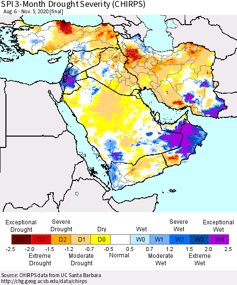 Middle East and Turkey SPI 3-Month Drought Severity (CHIRPS) Thematic Map For 8/6/2020 - 11/5/2020
