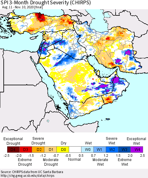Middle East and Turkey SPI 3-Month Drought Severity (CHIRPS) Thematic Map For 8/11/2020 - 11/10/2020