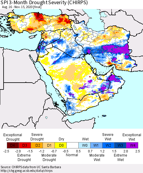Middle East and Turkey SPI 3-Month Drought Severity (CHIRPS) Thematic Map For 8/16/2020 - 11/15/2020