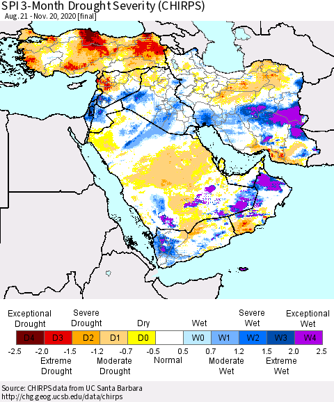 Middle East and Turkey SPI 3-Month Drought Severity (CHIRPS) Thematic Map For 8/21/2020 - 11/20/2020