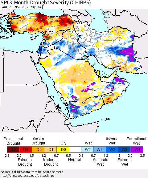 Middle East and Turkey SPI 3-Month Drought Severity (CHIRPS) Thematic Map For 8/26/2020 - 11/25/2020