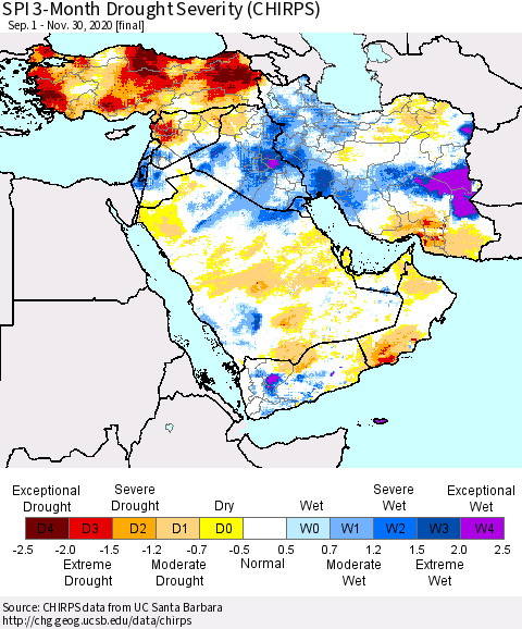 Middle East and Turkey SPI 3-Month Drought Severity (CHIRPS) Thematic Map For 9/1/2020 - 11/30/2020