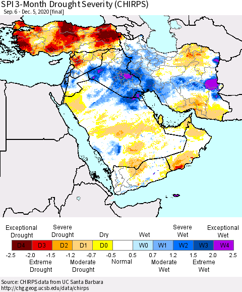 Middle East and Turkey SPI 3-Month Drought Severity (CHIRPS) Thematic Map For 9/6/2020 - 12/5/2020