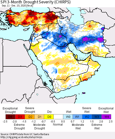 Middle East and Turkey SPI 3-Month Drought Severity (CHIRPS) Thematic Map For 9/11/2020 - 12/10/2020
