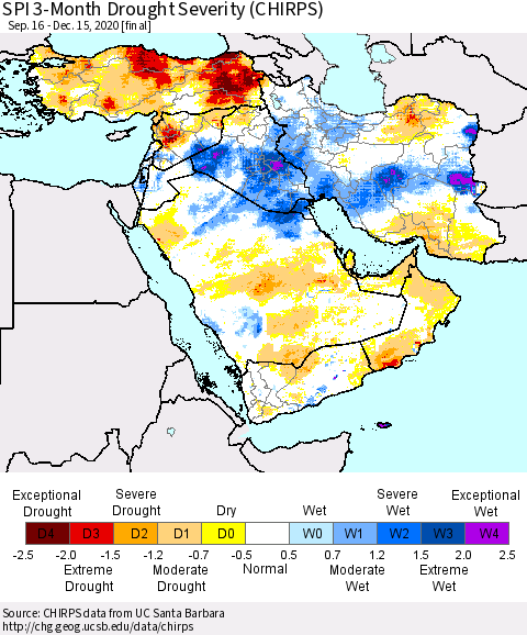Middle East and Turkey SPI 3-Month Drought Severity (CHIRPS) Thematic Map For 9/16/2020 - 12/15/2020