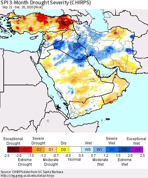 Middle East and Turkey SPI 3-Month Drought Severity (CHIRPS) Thematic Map For 9/21/2020 - 12/20/2020