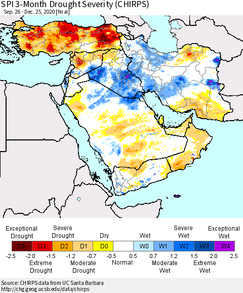 Middle East and Turkey SPI 3-Month Drought Severity (CHIRPS) Thematic Map For 9/26/2020 - 12/25/2020