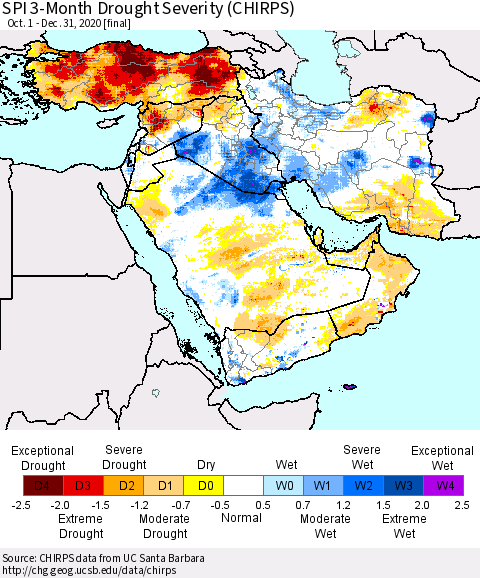Middle East and Turkey SPI 3-Month Drought Severity (CHIRPS) Thematic Map For 10/1/2020 - 12/31/2020