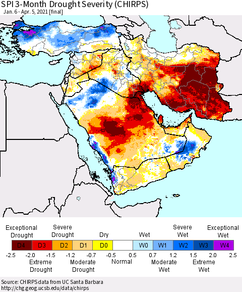 Middle East and Turkey SPI 3-Month Drought Severity (CHIRPS) Thematic Map For 1/6/2021 - 4/5/2021