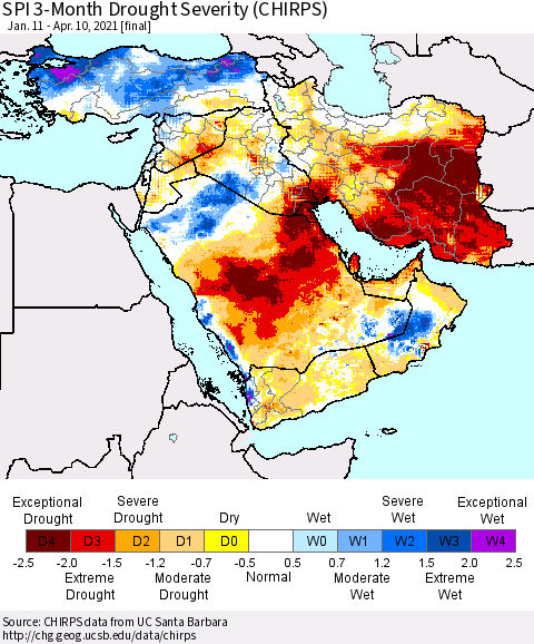 Middle East and Turkey SPI 3-Month Drought Severity (CHIRPS) Thematic Map For 1/11/2021 - 4/10/2021