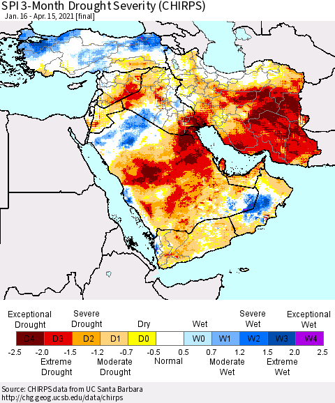 Middle East and Turkey SPI 3-Month Drought Severity (CHIRPS) Thematic Map For 1/16/2021 - 4/15/2021