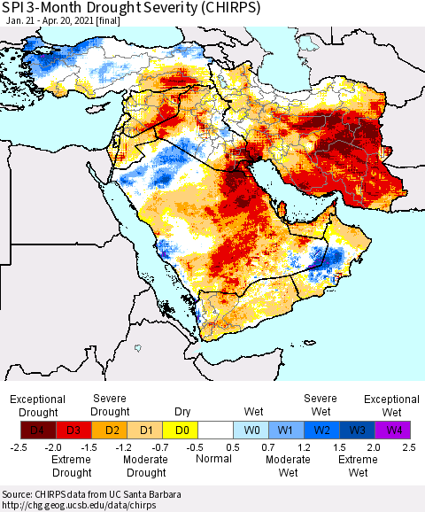 Middle East and Turkey SPI 3-Month Drought Severity (CHIRPS) Thematic Map For 1/21/2021 - 4/20/2021