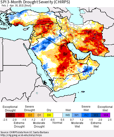Middle East and Turkey SPI 3-Month Drought Severity (CHIRPS) Thematic Map For 2/1/2021 - 4/30/2021