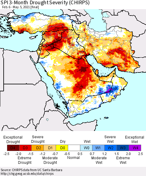 Middle East and Turkey SPI 3-Month Drought Severity (CHIRPS) Thematic Map For 2/6/2021 - 5/5/2021