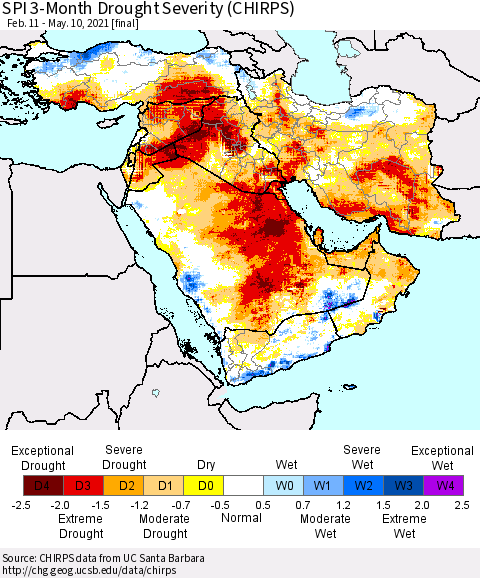 Middle East and Turkey SPI 3-Month Drought Severity (CHIRPS) Thematic Map For 2/11/2021 - 5/10/2021