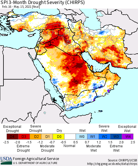 Middle East and Turkey SPI 3-Month Drought Severity (CHIRPS) Thematic Map For 2/16/2021 - 5/15/2021