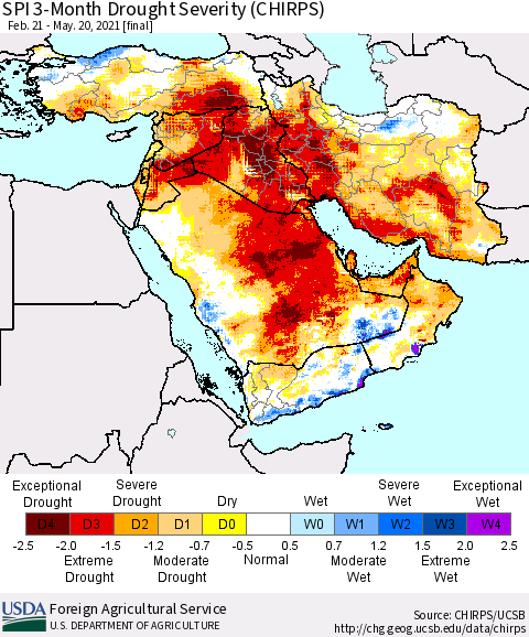 Middle East and Turkey SPI 3-Month Drought Severity (CHIRPS) Thematic Map For 2/21/2021 - 5/20/2021