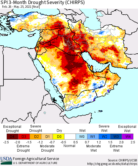 Middle East and Turkey SPI 3-Month Drought Severity (CHIRPS) Thematic Map For 2/26/2021 - 5/25/2021