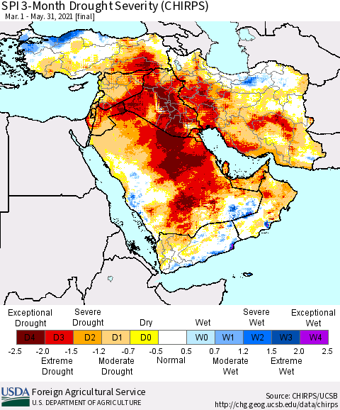 Middle East and Turkey SPI 3-Month Drought Severity (CHIRPS) Thematic Map For 3/1/2021 - 5/31/2021