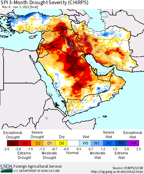 Middle East and Turkey SPI 3-Month Drought Severity (CHIRPS) Thematic Map For 3/6/2021 - 6/5/2021