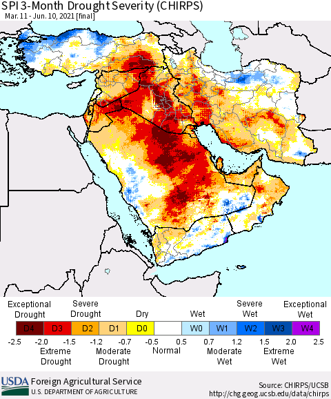 Middle East and Turkey SPI 3-Month Drought Severity (CHIRPS) Thematic Map For 3/11/2021 - 6/10/2021