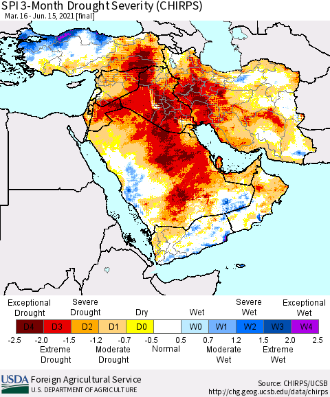 Middle East and Turkey SPI 3-Month Drought Severity (CHIRPS) Thematic Map For 3/16/2021 - 6/15/2021
