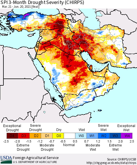 Middle East and Turkey SPI 3-Month Drought Severity (CHIRPS) Thematic Map For 3/21/2021 - 6/20/2021