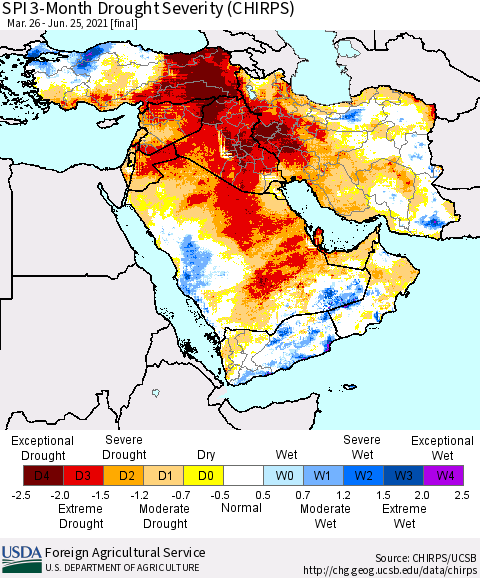 Middle East and Turkey SPI 3-Month Drought Severity (CHIRPS) Thematic Map For 3/26/2021 - 6/25/2021