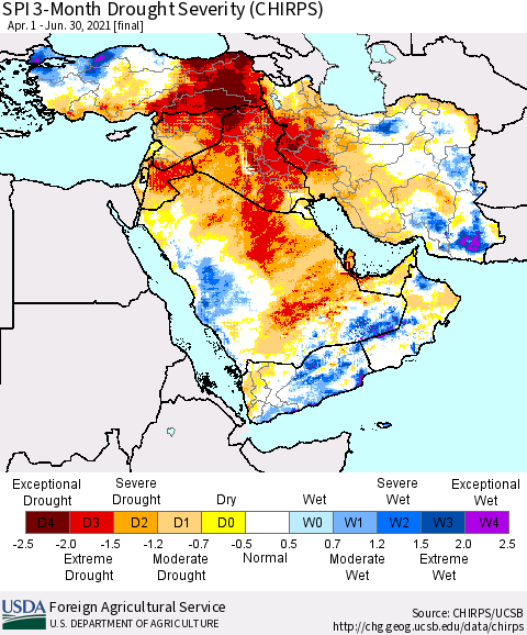 Middle East and Turkey SPI 3-Month Drought Severity (CHIRPS) Thematic Map For 4/1/2021 - 6/30/2021