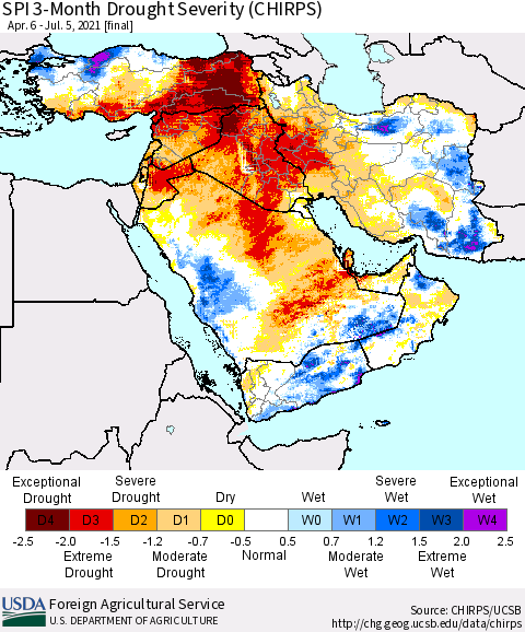 Middle East and Turkey SPI 3-Month Drought Severity (CHIRPS) Thematic Map For 4/6/2021 - 7/5/2021