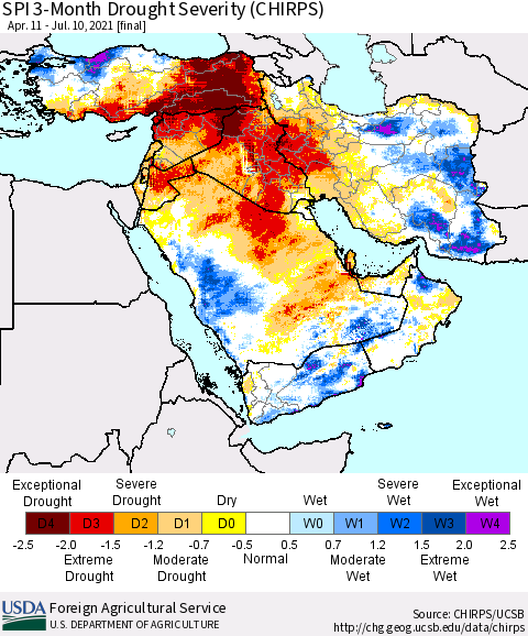 Middle East and Turkey SPI 3-Month Drought Severity (CHIRPS) Thematic Map For 4/11/2021 - 7/10/2021