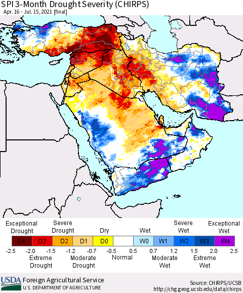 Middle East and Turkey SPI 3-Month Drought Severity (CHIRPS) Thematic Map For 4/16/2021 - 7/15/2021