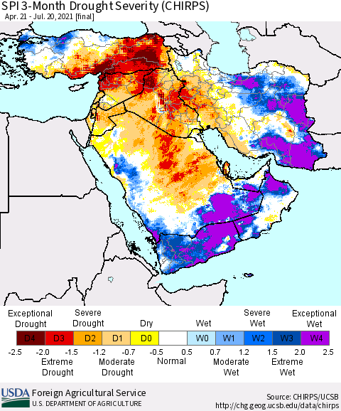 Middle East and Turkey SPI 3-Month Drought Severity (CHIRPS) Thematic Map For 4/21/2021 - 7/20/2021