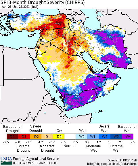 Middle East and Turkey SPI 3-Month Drought Severity (CHIRPS) Thematic Map For 4/26/2021 - 7/25/2021
