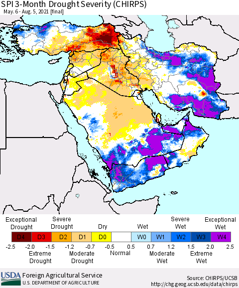 Middle East and Turkey SPI 3-Month Drought Severity (CHIRPS) Thematic Map For 5/6/2021 - 8/5/2021