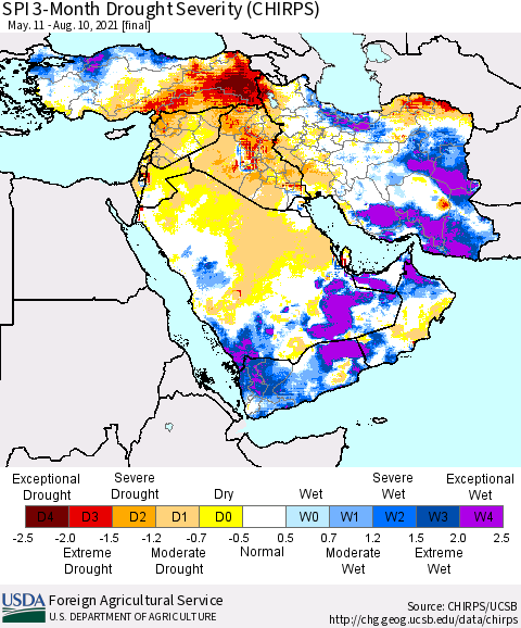 Middle East and Turkey SPI 3-Month Drought Severity (CHIRPS) Thematic Map For 5/11/2021 - 8/10/2021