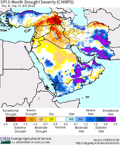 Middle East and Turkey SPI 3-Month Drought Severity (CHIRPS) Thematic Map For 5/16/2021 - 8/15/2021