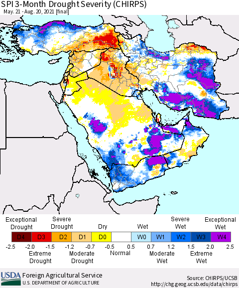 Middle East and Turkey SPI 3-Month Drought Severity (CHIRPS) Thematic Map For 5/21/2021 - 8/20/2021