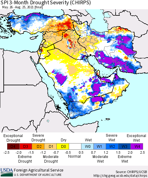 Middle East and Turkey SPI 3-Month Drought Severity (CHIRPS) Thematic Map For 5/26/2021 - 8/25/2021