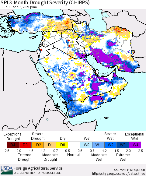 Middle East and Turkey SPI 3-Month Drought Severity (CHIRPS) Thematic Map For 6/6/2021 - 9/5/2021