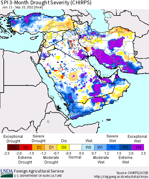 Middle East and Turkey SPI 3-Month Drought Severity (CHIRPS) Thematic Map For 6/11/2021 - 9/10/2021