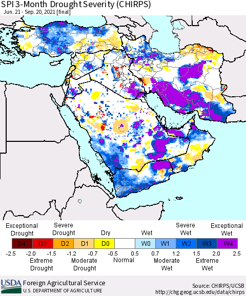 Middle East and Turkey SPI 3-Month Drought Severity (CHIRPS) Thematic Map For 6/21/2021 - 9/20/2021