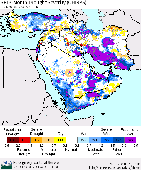 Middle East and Turkey SPI 3-Month Drought Severity (CHIRPS) Thematic Map For 6/26/2021 - 9/25/2021