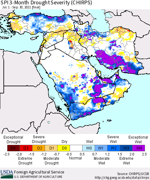 Middle East and Turkey SPI 3-Month Drought Severity (CHIRPS) Thematic Map For 7/1/2021 - 9/30/2021