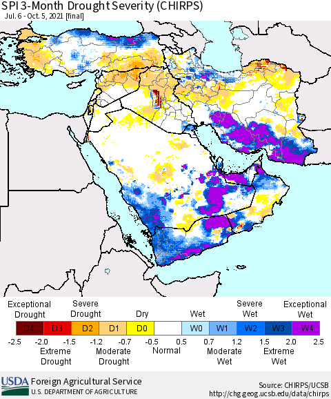 Middle East and Turkey SPI 3-Month Drought Severity (CHIRPS) Thematic Map For 7/6/2021 - 10/5/2021