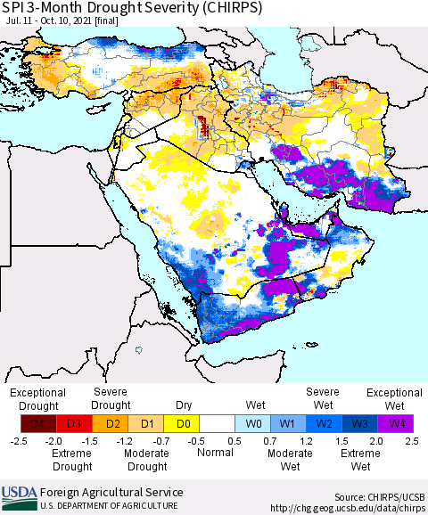 Middle East and Turkey SPI 3-Month Drought Severity (CHIRPS) Thematic Map For 7/11/2021 - 10/10/2021