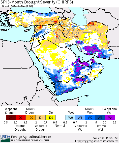 Middle East and Turkey SPI 3-Month Drought Severity (CHIRPS) Thematic Map For 7/16/2021 - 10/15/2021