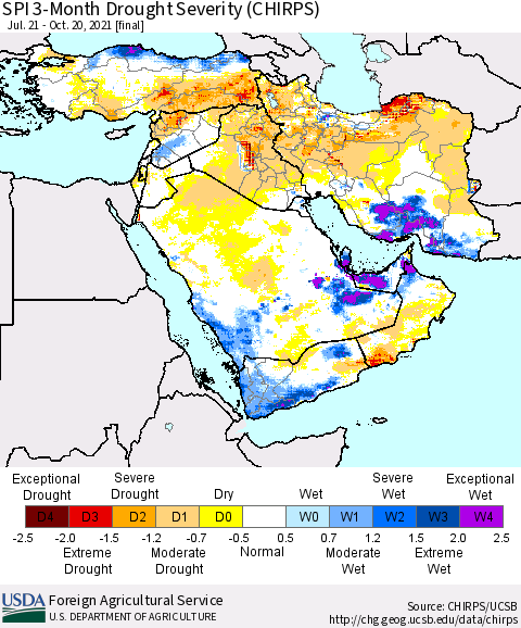 Middle East and Turkey SPI 3-Month Drought Severity (CHIRPS) Thematic Map For 7/21/2021 - 10/20/2021