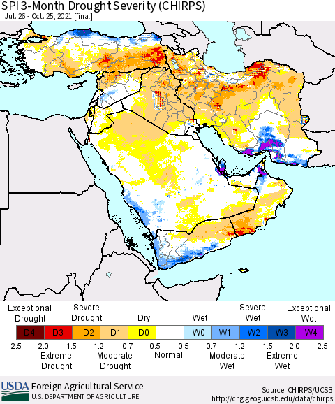 Middle East and Turkey SPI 3-Month Drought Severity (CHIRPS) Thematic Map For 7/26/2021 - 10/25/2021